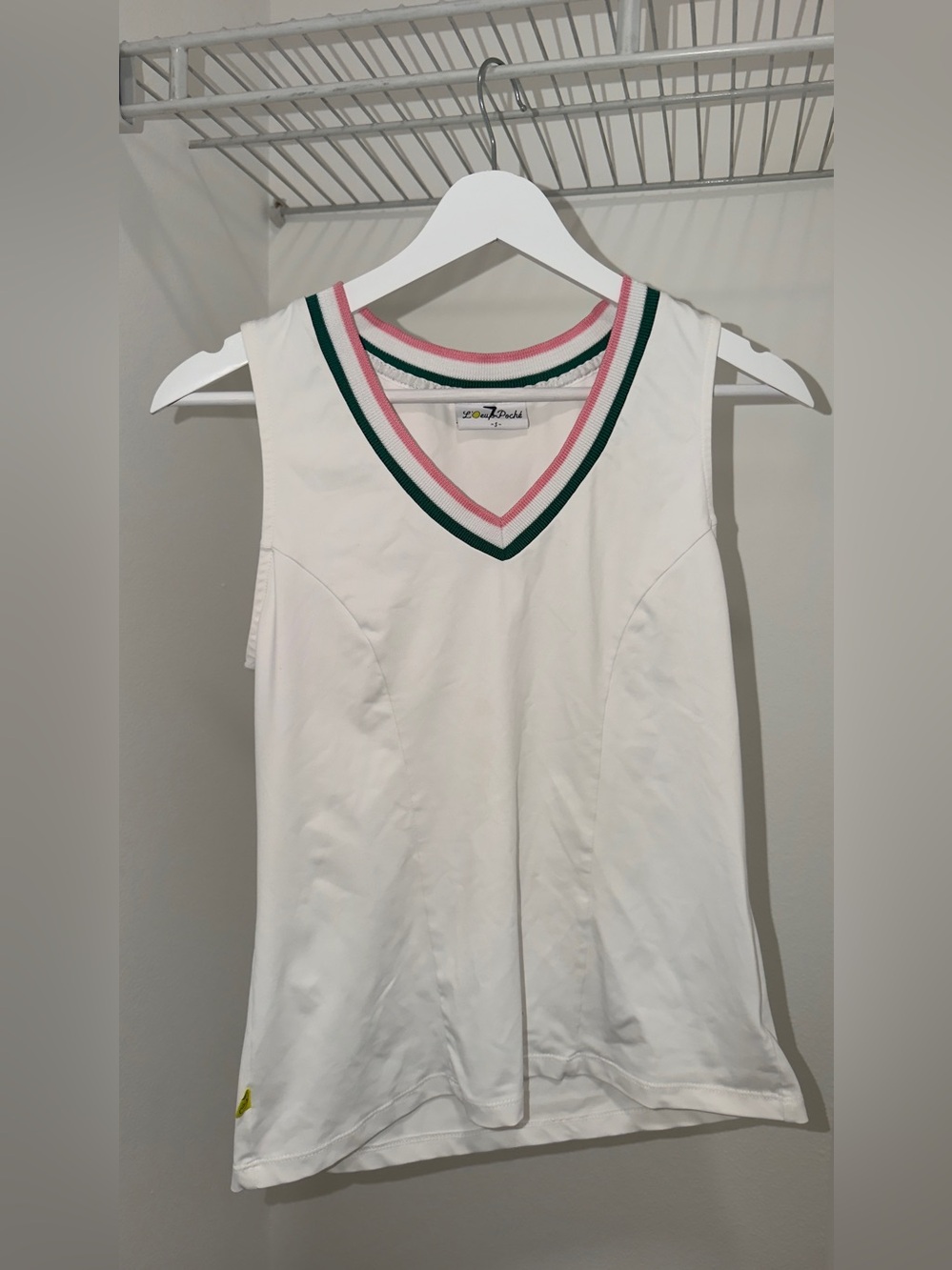 L’ouef Poche White Sleeveless V-Neck Tank with Pink & Green Trim